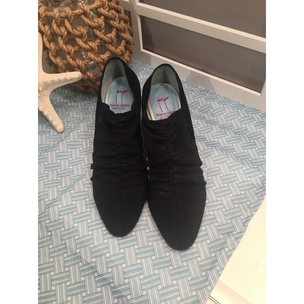 Thierry Rabotin 40 9 Suede Canvas Black Ankle Booties Slip On Block Heel Italy